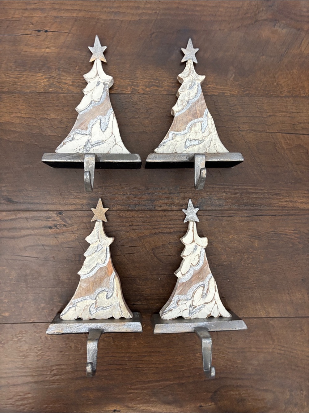 Set of 4 Rustic Silver Metal & Wood Tree Christmas Stocking Hangars